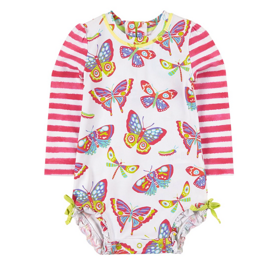Load image into Gallery viewer, Swim Botanical Butterflies One-piece Rashguard Swimsuit White By Hatley
