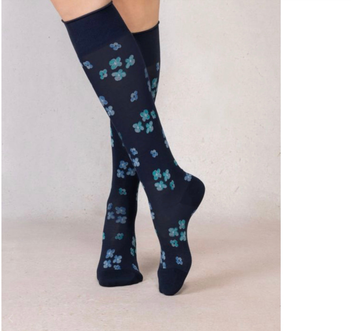 Cotton knee-high socks Floral Velvety  Candied Navy Blue 39/41 By Blueforet
