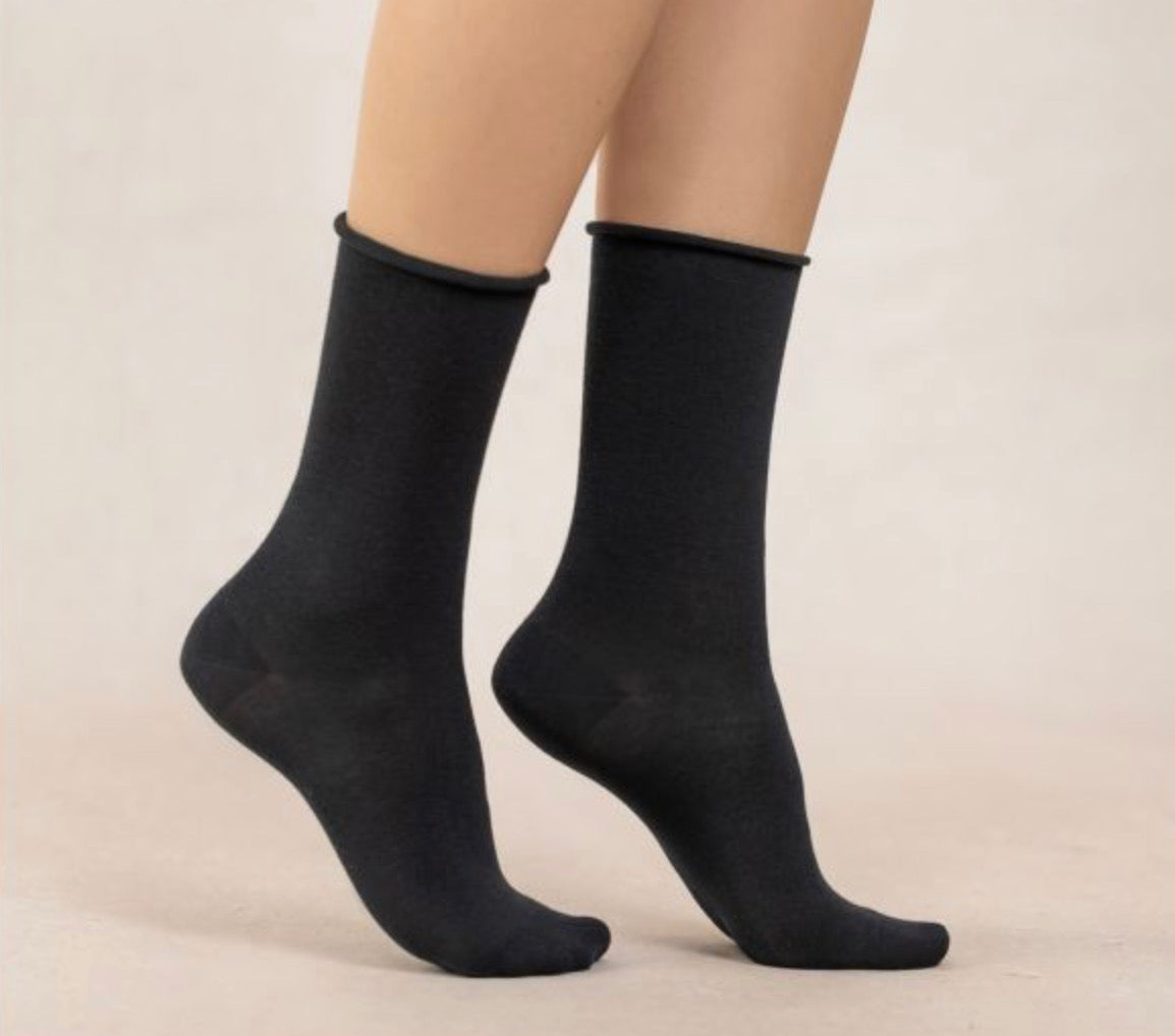 Roll-Top Pure Cotton Socks Black  39/41  by Blueforet 6594