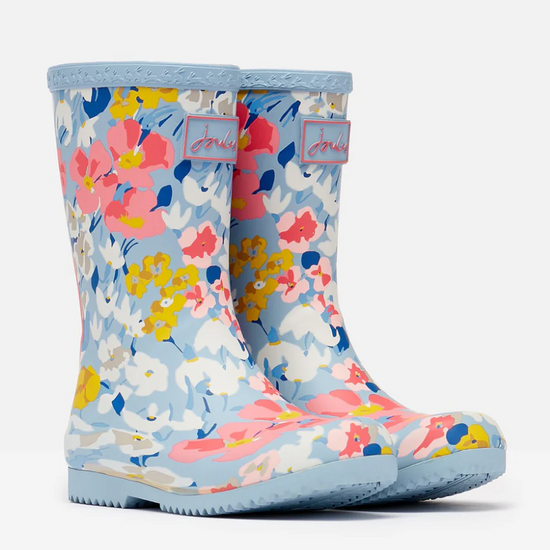Joules Roll Up Waterproof Rain Boot Light Blue Floral