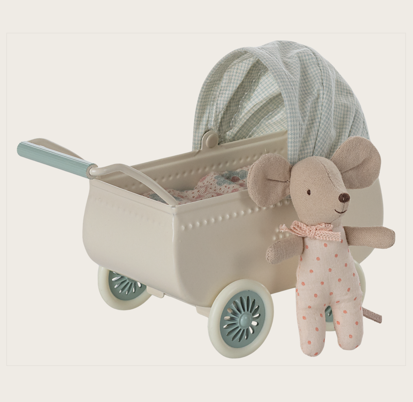 2025 Pram with Baby Mouse, Mint - Maileg