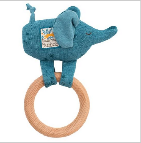 Sous Mon Baobab - Wood Elephant Ring Rattle by Moulin Roty