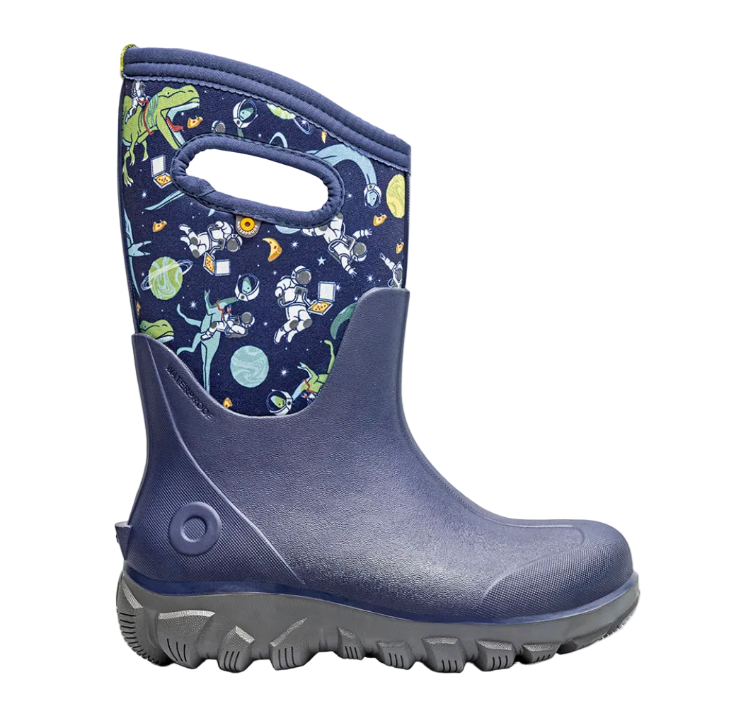 A single children's rain boot in navy blue, featuring a dark blue upper with a colorful space-themed print of astronauts, planets, and rockets, and a gray treaded sole.