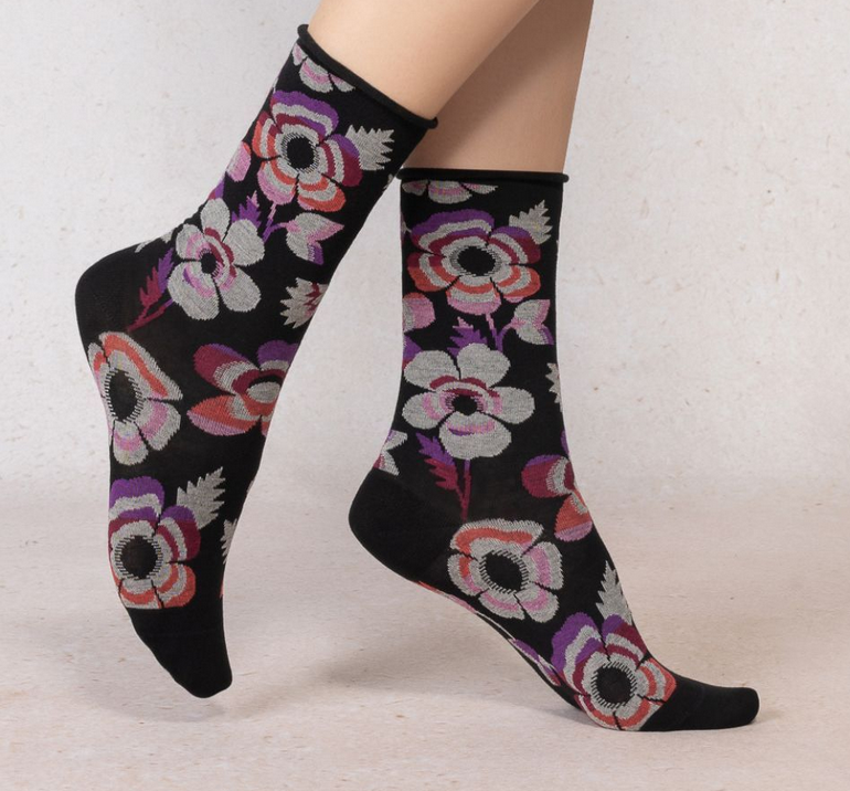 Velvety Socks Flowers Black 39/41 By Blueforet