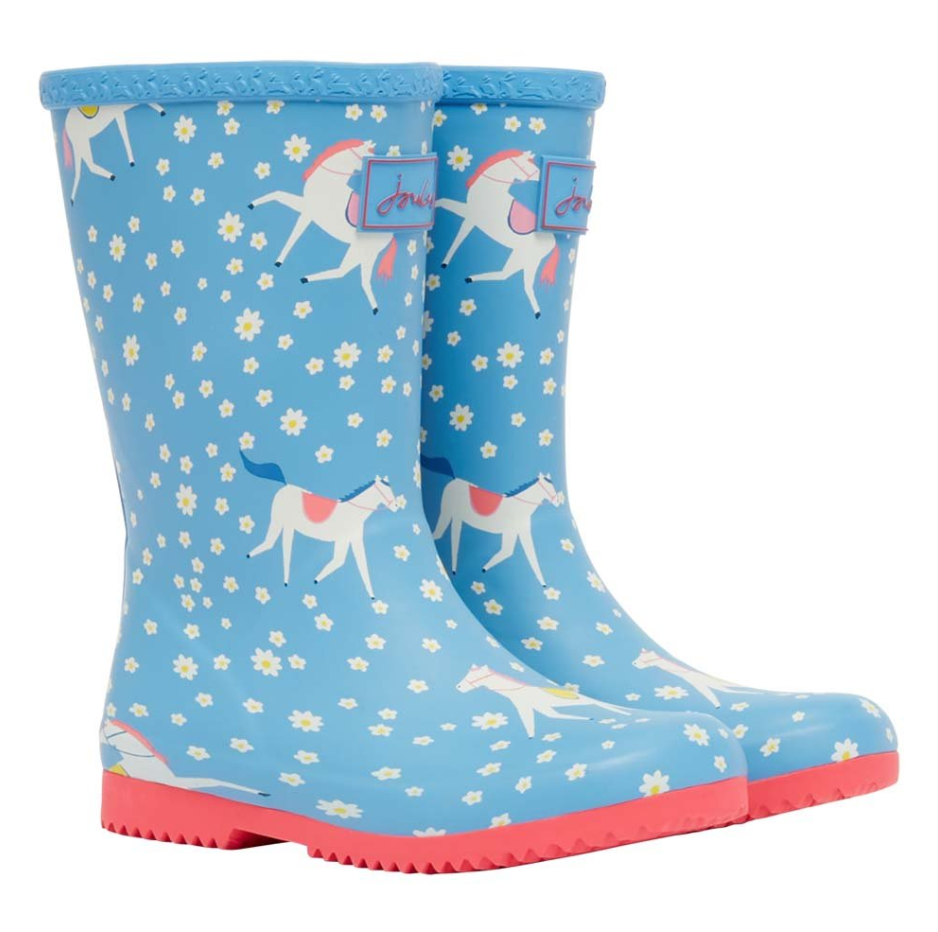 Load image into Gallery viewer, Joules Roll Up Waterproof Rain Boot Blue Horses
