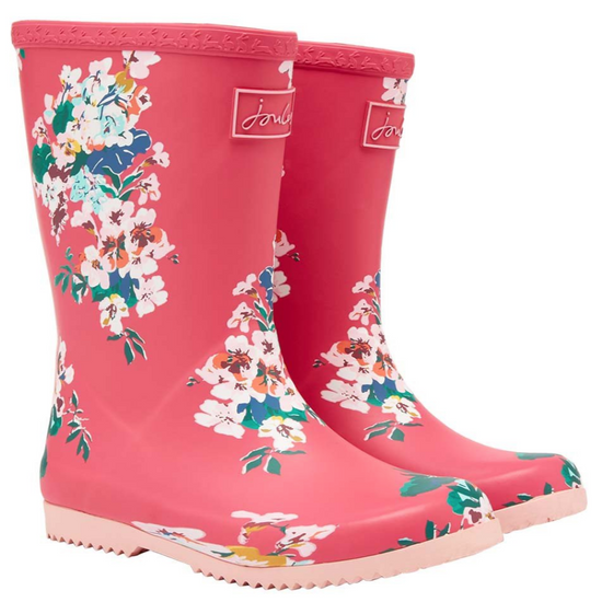Joules Roll Up Waterproof Rain Boot Pink Flowers