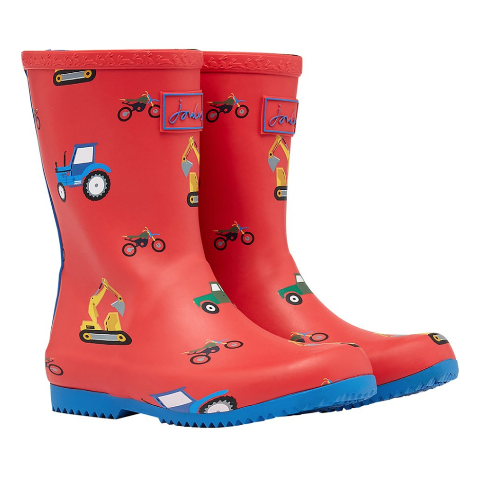 Load image into Gallery viewer, Joules Roll Up Waterproof Rain Boot Red &amp;amp; Yellow Vehicle
